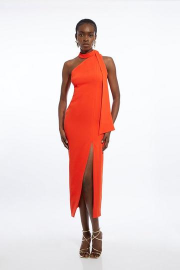 Red Petite Soft Tailored Tie Neck Midi Dress
